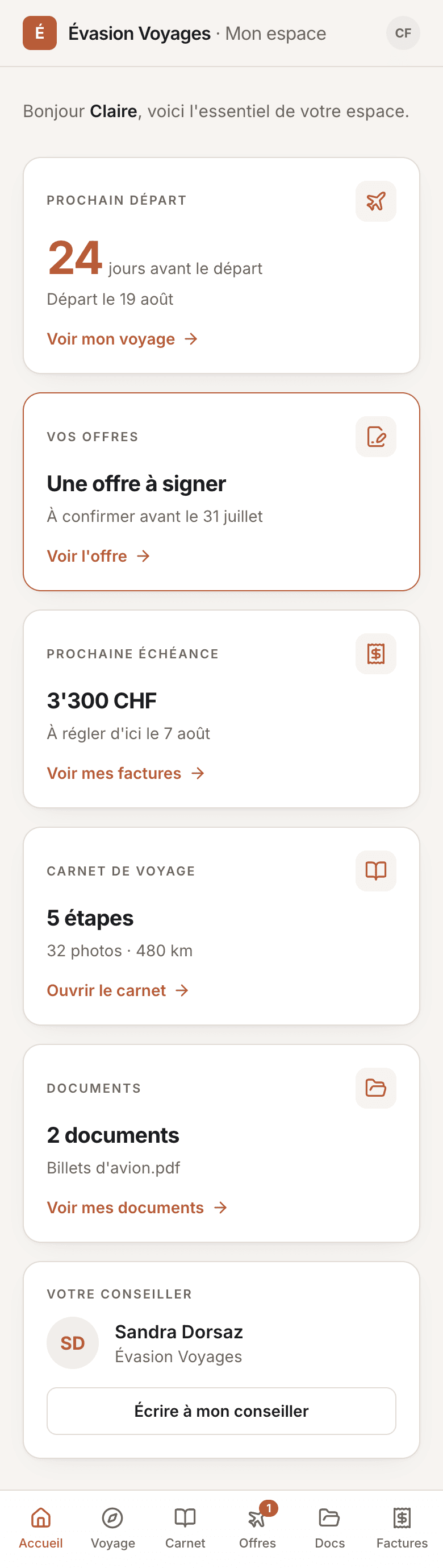 Espace client VoyageOS sur mobile, à la marque de l'agence